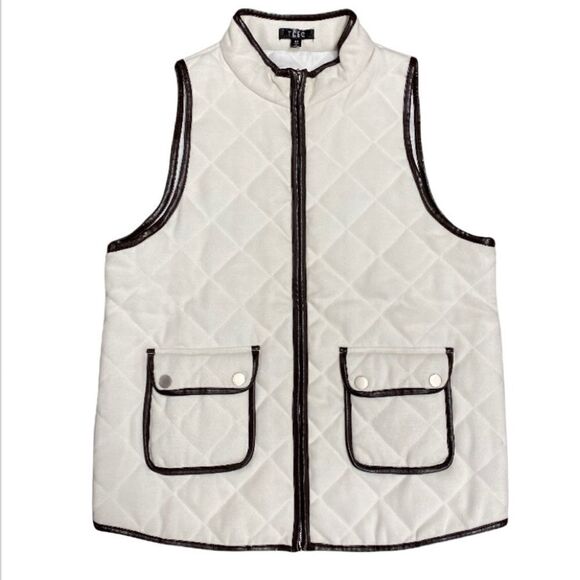 TCEC Cream & Brown Trim Quilted Full-Zip Vest NWOT - Picture 1 of 5